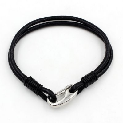 Carabiner Clasp Bracelet, 3mm round leather, silver clasp, 2-Coil black leather Bracelet