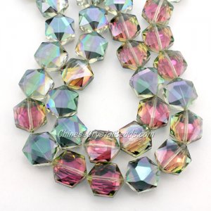 crystal faceted Hexagon beads, 14x16mm, green and purple, per pkg of 8pcs