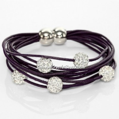 Pave Clay Bead Multi Strand Leather Magnetic Bracelet Purple