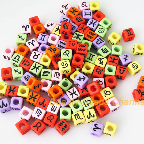 100Pcs Mixed Constellation Cube Acrylic Beads, 7mm, hole: 3.8mm, Mix color - Click Image to Close