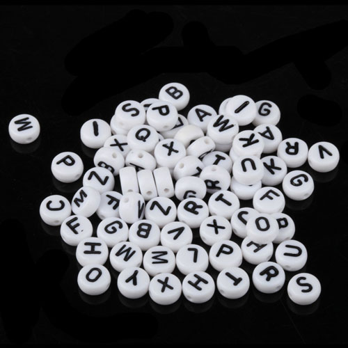 100Pcs Mixed Acrylic Flat Round Disc Alphabet Letter Spacer Beads 7x4mm, white and black letter - Click Image to Close