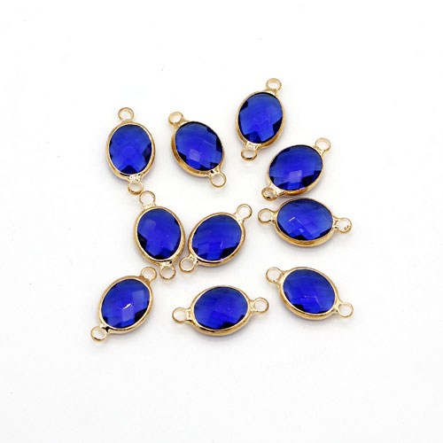 5Pcs 8x16mm sapphire oval Glass crystal Connecter Bezel pendant, Drops Gold Plated two Loops - Click Image to Close