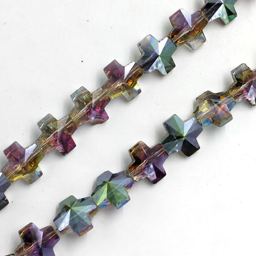14mm Chinese Crystal Cross Bead, purple and green light, 10 beads - Click Image to Close
