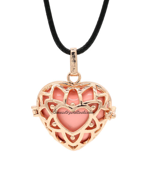 heart shape harmony ball necklace Mexican bola ball angel caller, rose gold plated brass, 1pc - Click Image to Close