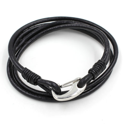Carabiner Clasp Bracelet, 3mm round leather, silver clasp, 4-Coil black leather Bracelet - Click Image to Close
