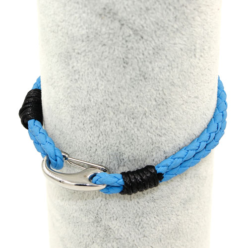 Stainless steel Men's Braided Leather Bracelets Clasp, sky blue - Click Image to Close