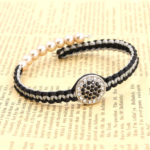The finely woven Memory Wire Bracelet, black white alloy round flat pave beads, #017 - Click Image to Close