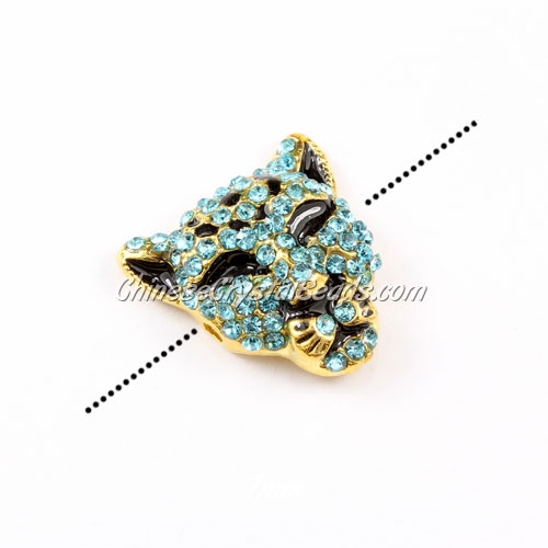 Pave accessories, leopard head, 22x22mm, hole 2mm, gold-plated, aqua, Sold 1pcs - Click Image to Close