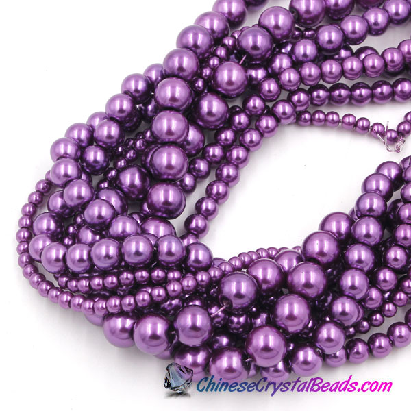 Glass Pearl Beads, Round, med purple, different size for choice, Hole:Approx 1mm, Length:Approx 32 Inch - Click Image to Close