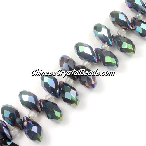 Chinese Crystal Briolette Bead Strand, Jet half green light , 6x12mm, 20 beads - Click Image to Close