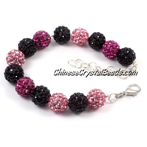 Disco Ball Bracelets, 14pcs, small bead chain, Clasp, lobster claw, black/fuchsia/pink - Click Image to Close