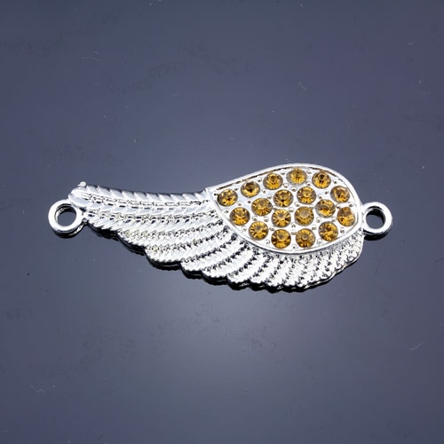 Pave accessories, angel wings, 18x46mm, silver-plated, amber rhinestone, sold 1 pcs - Click Image to Close