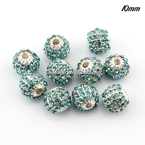 alloy pave disco beads, 10mm, 1.5mm hole, 60 crystal stone, aqua, sold 10 pcs - Click Image to Close