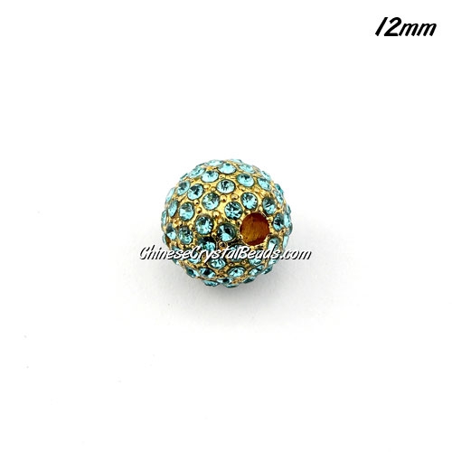 alloy pave disco beads, aqua crystal stone, gold-plated, 12mm, 2mm hole, sold 9pcs - Click Image to Close