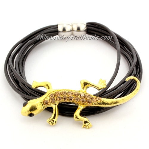 Fashion leather Magnetic Bracelet, alloy gold gecko beads - Click Image to Close