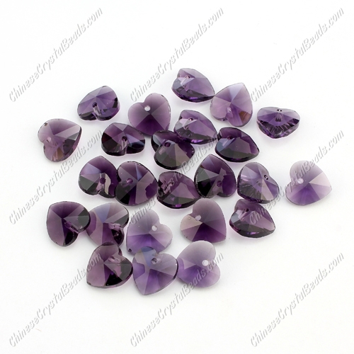 10 Pcs 10mm crystal heart pendant, hole 1.5mm, violet - Click Image to Close