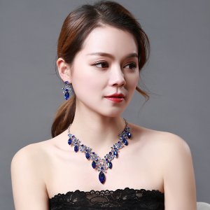 Blue flower Crystal Rhinestone Crystal Statement Necklace - Luxury Elegant Fashion European Baroque Flower Necklace For Party
