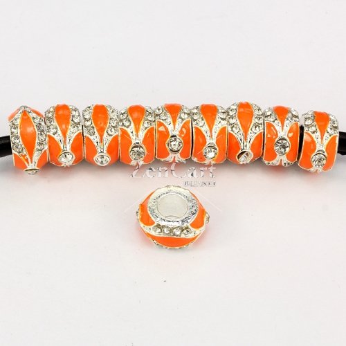 Alloy European Beads, rondelle, 7x14mm, hole:5mm, pave clear crystal, orange painting, silver plated, 1 piece
