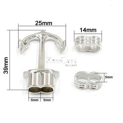 1sets Anchor Hooks Clasps Double Hole, silver plated brass, for 5mm Round Leather Bracelet