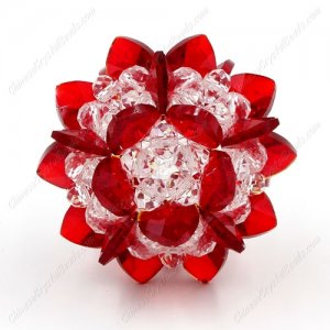 3D beaded flower ball, red and clear, width45mm, 1 pc