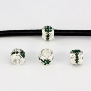 Alloy European Beads, #001, 11x9mm, hole:6mm, pave emerald crystal, silver plated, 1 piece