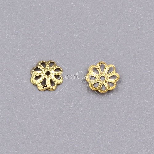 Bead cap, gold plated iron, 7x1mm textured flower with cutouts, fits 8-12mm bead. Sold per pkg of 200.