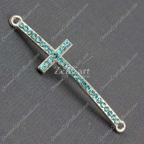 Pave cross Charms, alloy silver plated, 14x50mm, hole: 2mm, aqua, 1pcs