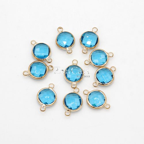 5Pcs 10x16mm aqua Round Glass crystal Connecter Bezel pendant, Drops Gold Plated two Loops