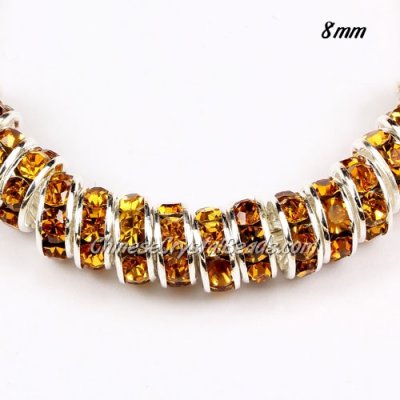 8mm Rondelle spacer, silver plated, Amber #crystal rhinestone, hole 1.5mm, 50 piece