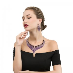 Purple Crystal Rhinestone Crystal Statement Necklace - Luxury Elegant Fashion European Baroque Flower Necklace For Party