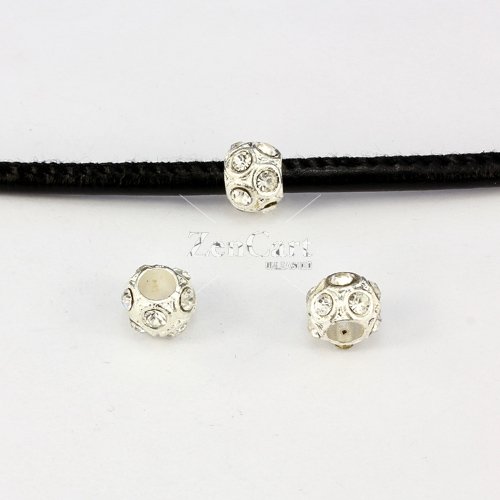 Alloy European Beads, #005, 8x10mm, hole:4mm, pave clear crystal, silver plated, 1 piece