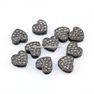 Pave heart beads, alloy, gray, hole 1.5mm, 6x11x12mm, sold 10pcs