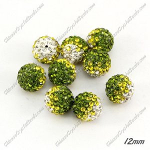 AAA quality Premium Pave style half drilled beads crystal, round, 12mm, hole: 1mm, white & yellow & olive, sold by 1 pc