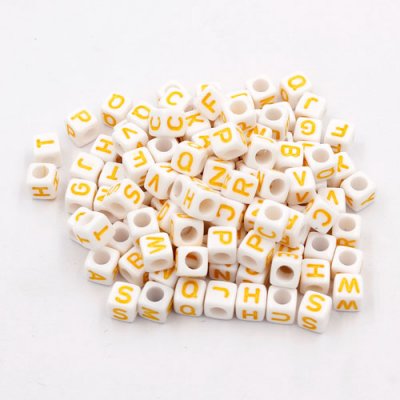 100 Pcs Acrylic Mixed Alphabet Letter Cube Beads hole:3.8mm, 7mm, white and yellow letter