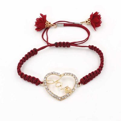 red Woven bracelet pave heart charm #04