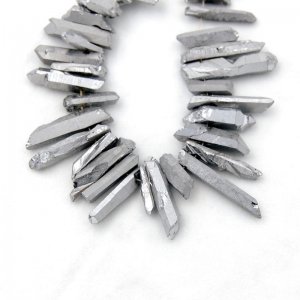 metalic silver Natural Quartz Crystal Druzy Freeform Stick Titanium Coated Loose Beads 38cm