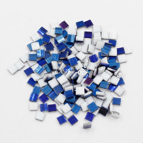 Chinese 5mm Tila Square Bead opaque white half blue about 100Pcs