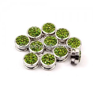 Pave button beads, olivine, silver-plated copper, 10mm , Sold per pkg of 10 pcs