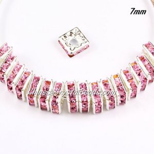 7mm crystal rhinestone inchsquareinch rondelle spacers, silver-plated, pink rhinestone, 20pcs
