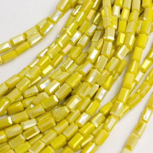 cuboid crystal beads, 4x4x8mm, opaque yellow AB, 70pcs per strand