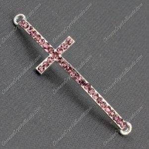 Pave cross Charms, alloy silver plated, 14x50mm, hole: 2mm, purple, 1pcs