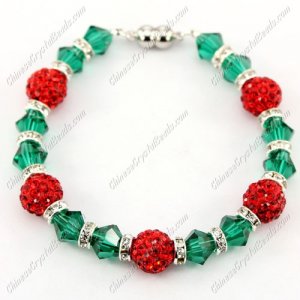 Magnetic Clasps bracelet emerald bicone beads and red clay pave beads, 7inch length