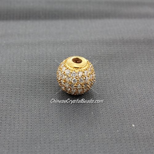 Cubic Zirconia Pave Beads, round, 10mm, hole, 2.5mm, 18k gold plated, 1 pieces