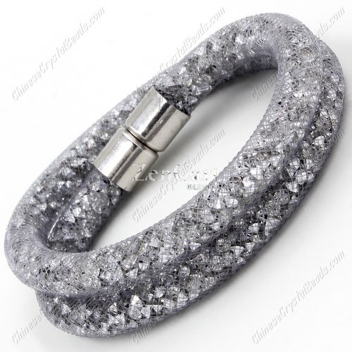 Double wrap Stardust Mesh Bracelet, gray mesh and clear Rhinestone, width:8mm