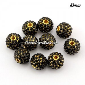 alloy pave disco beads, 10mm, 1.5mm hole, 80pcs black crystal stone, gold plated, sold 10 pcs