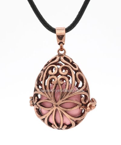 Egg flower Harmony Ball Pendant Women Necklace with 30 inchChain For Pregnant Women, antique copper plated brass, 1pc