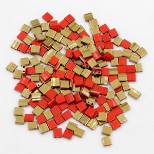 Chinese 5mm Tila Square Bead opaque red half gold about 100Pcs