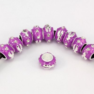 Alloy European Beads, beetle, 9x13mm, hole:6mm, pave clear crystal, purple painting, silver plated, 1 piece