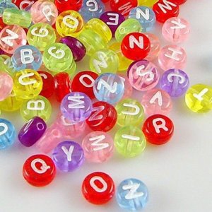 100Pcs Mixed Acrylic Flat Round Disc Alphabet Letter Spacer Beads 7x4mm, multi and white color letter