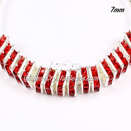 8mm crystal rhinestone inchsquareinch rondelle spacers, silver-plated, red rhinestone, 20pcs